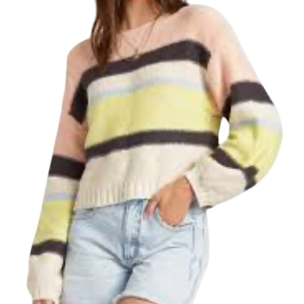 Billabong Seeing Stripes Cotton Cropped Oversized Sweater Medium Peach Cream